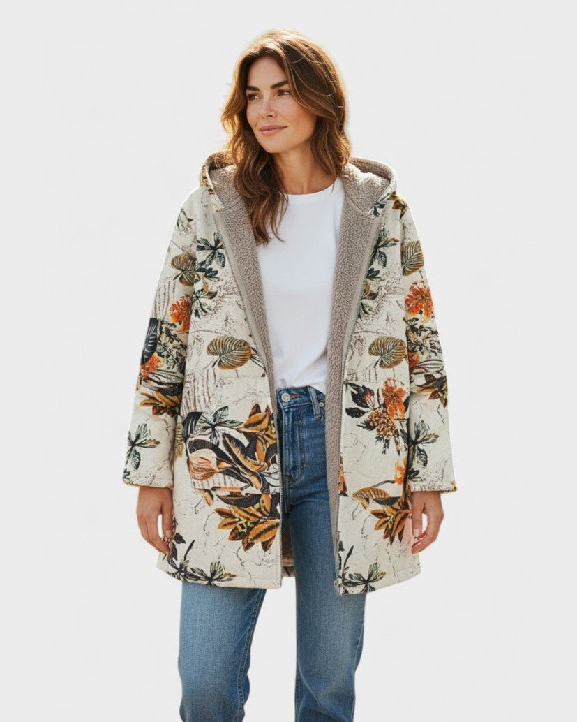 Hanneke | Boho-Sherpa-jas met capuchon met Bloemenpatroon