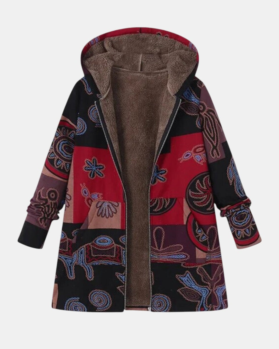 Greetje | Boho-patchwork-jas met capuchon met abstract patroon
